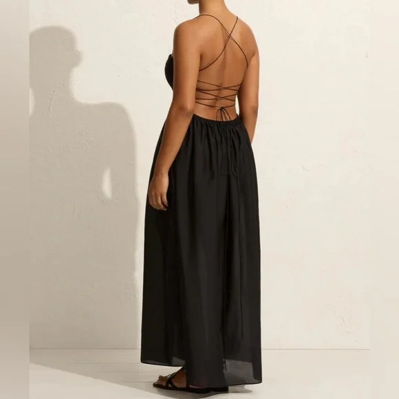 Matteau Gathered Lace Up Silk Cotton Maxi Dress Black Size 3 US 6 - Picture 2 of 11